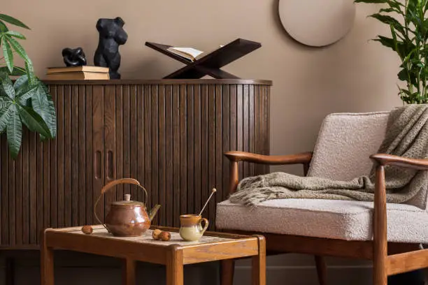 Elegant living room with walnut furniture and soft lighting